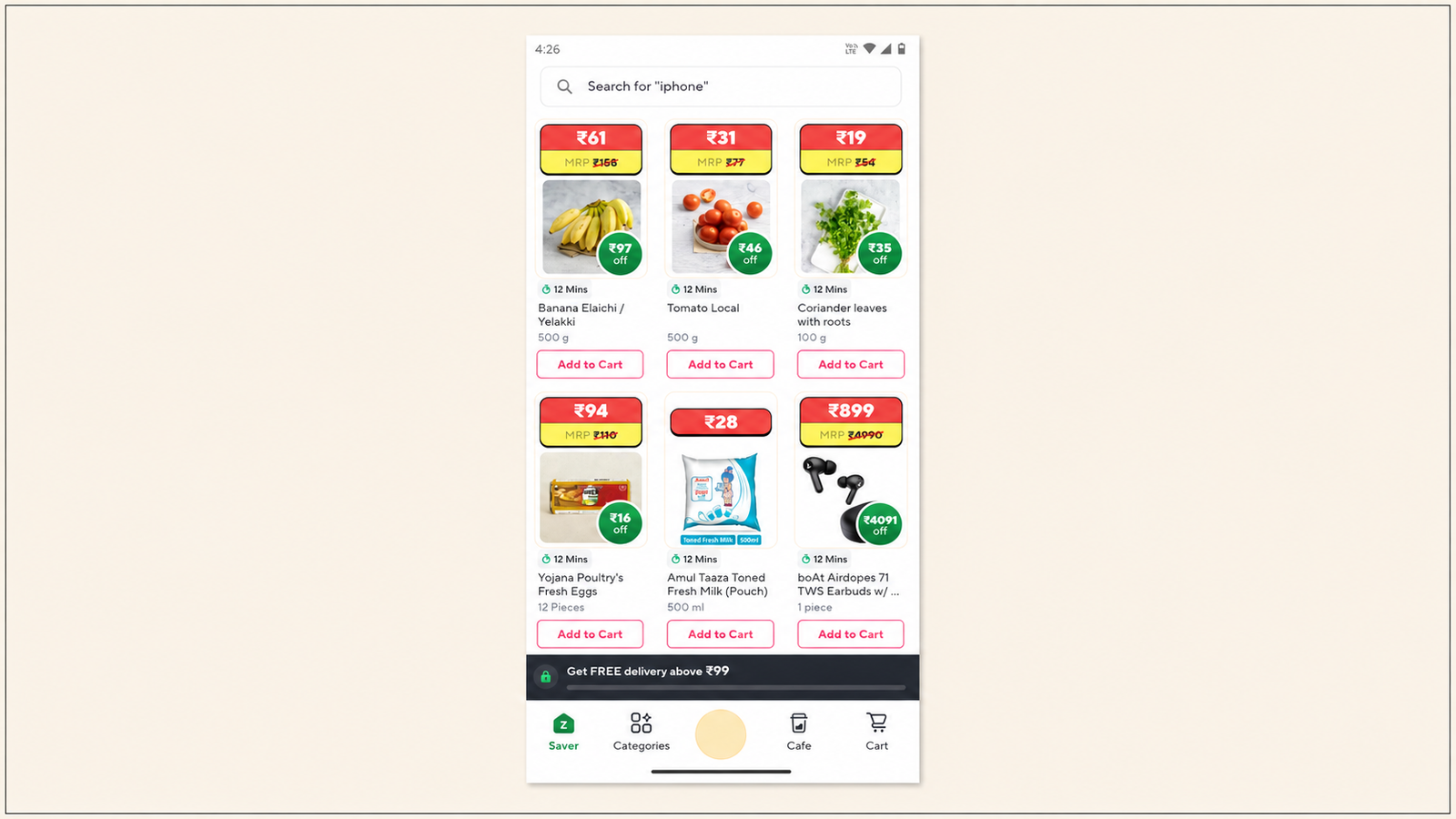 Zepto product listing screen with product cards and add-to-cart options.
