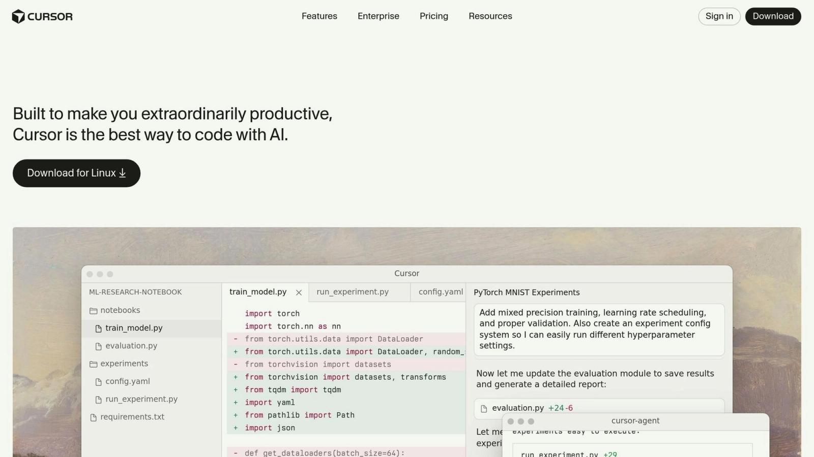 Section of an AI coding tool website highlighting productivity, with a code editor interface showing Python files, ML experiment scripts, and a project sidebar.