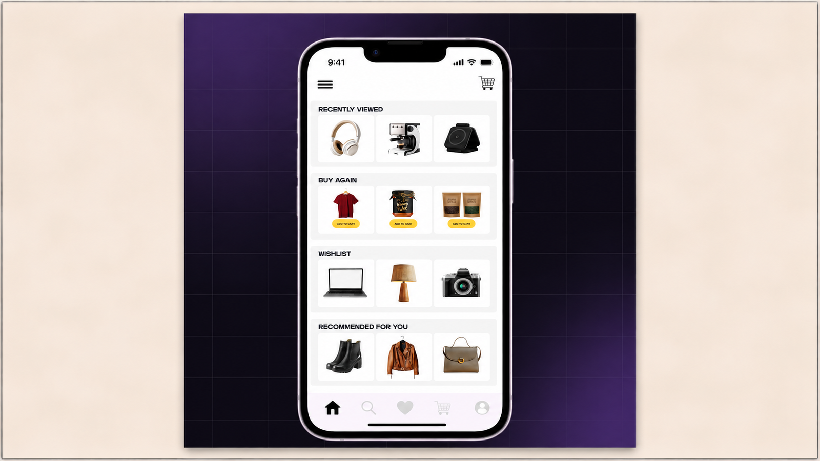 Personalized e-commerce mobile app home screen displaying recently viewed products, buy-again items, wishlist, and personalized recommendations on a smartphone against a dark purple gradient background.