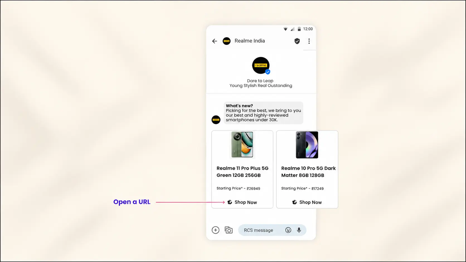Realme India promotional messaging screen showcasing two smartphones, Realme 11 Pro Plus 5G and Realme 10 Pro 5G, with “Shop Now” buttons and a highlighted “Open a URL” call-to-action.