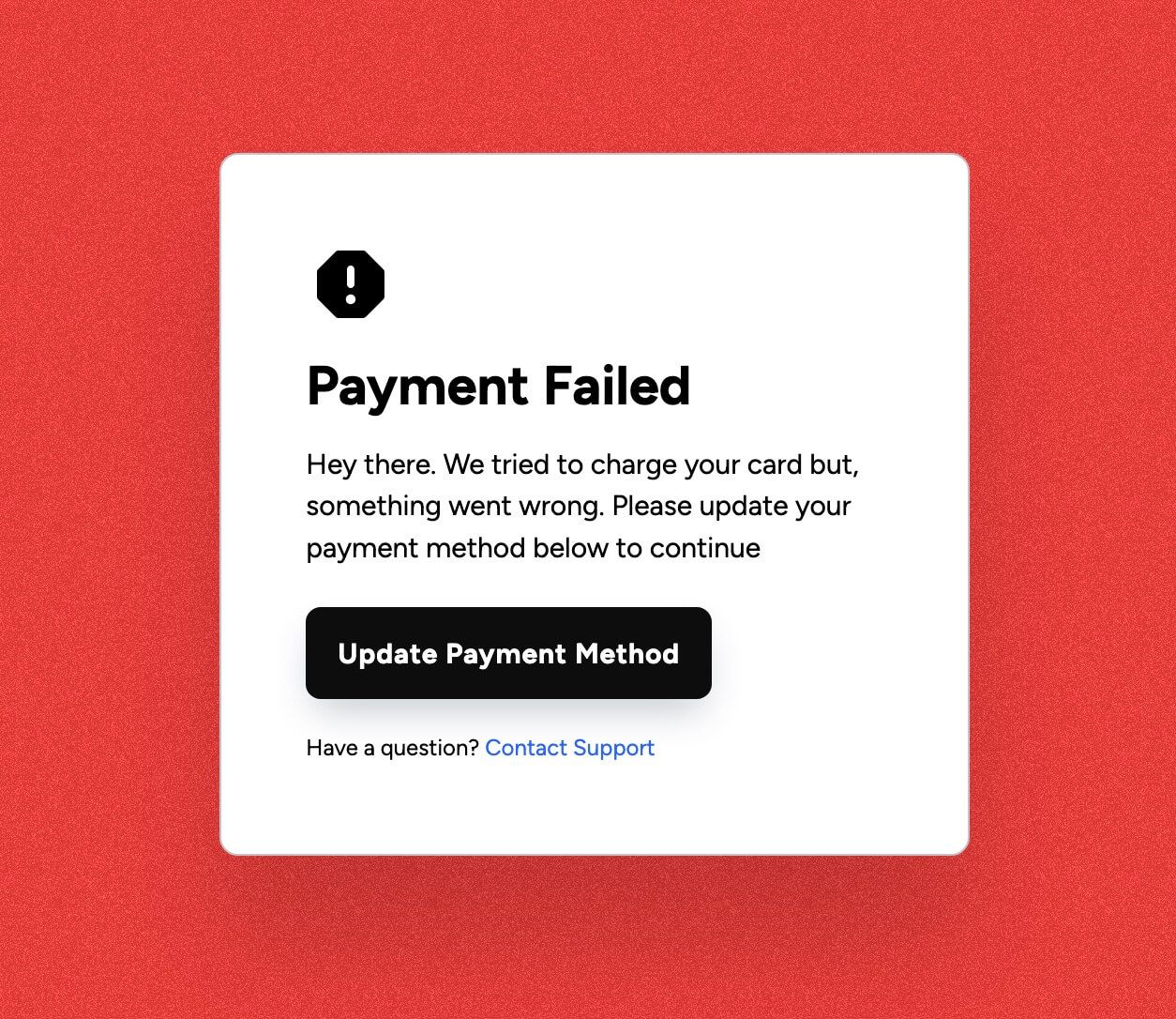 Mobile payment failure screen where promotional nudges should be suppressed.
