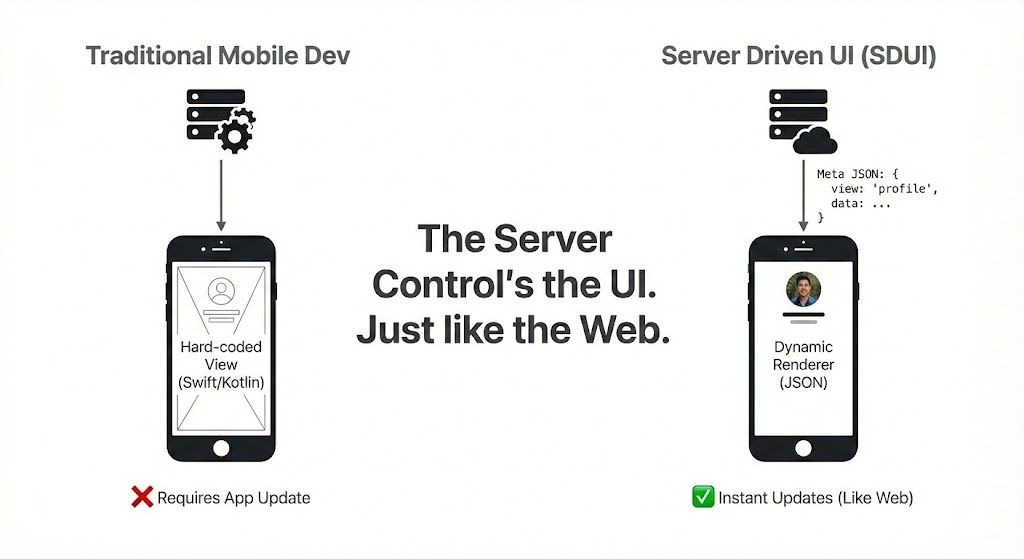 Diagram comparing traditional mobile development with server-driven UI, showing how SDUI enables instant updates via JSON without requiring app store updates
