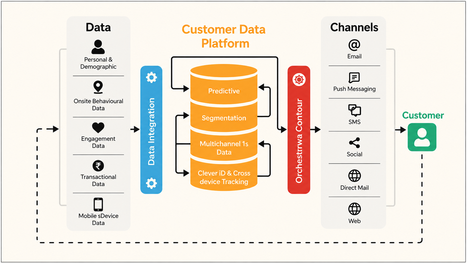 Customer Data Platform diagram showing data integration, predictive analytics, customer segmentation, cross-device tracking, multichannel orchestration, and customer engagement across email, push messaging, SMS, social, direct mail, and web.