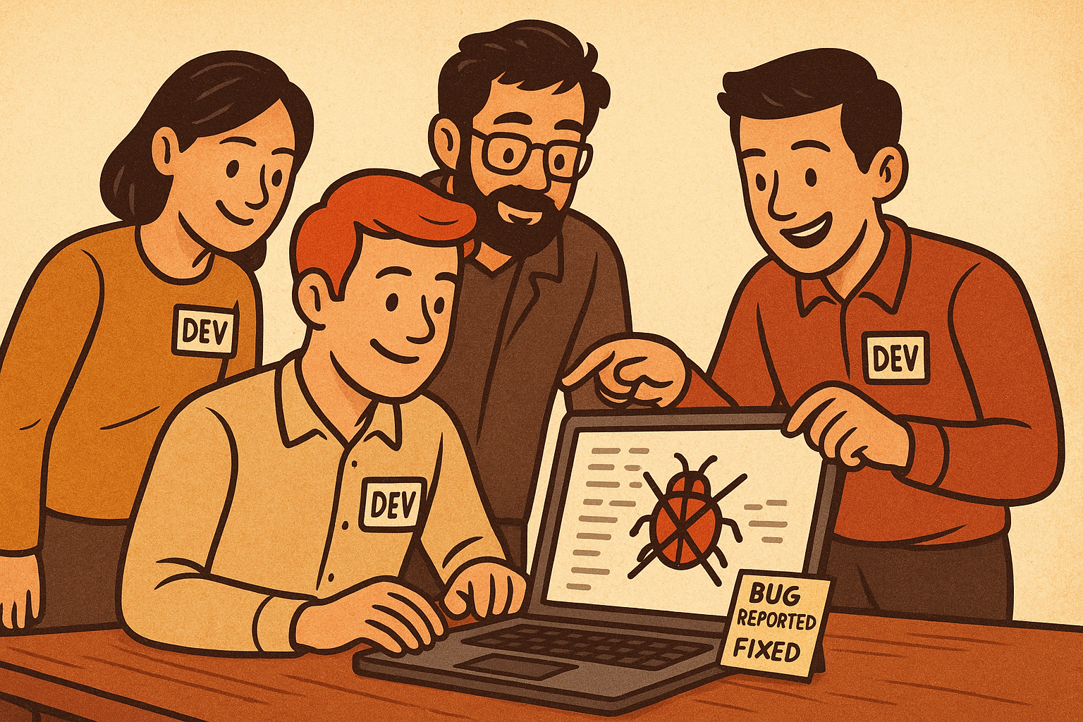 Four developers smiling at a laptop showing a bug crossed out. A sign reads "Bug reported fixed." Warm tones create a positive vibe.
