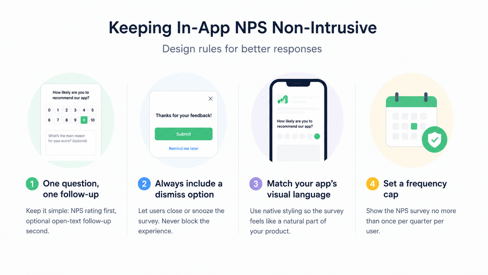 Infographic illustrating four design rules for non-intrusive in-app NPS surveys: one question with an optional follow-up, a dismiss option, native app styling, and a quarterly frequency cap.
