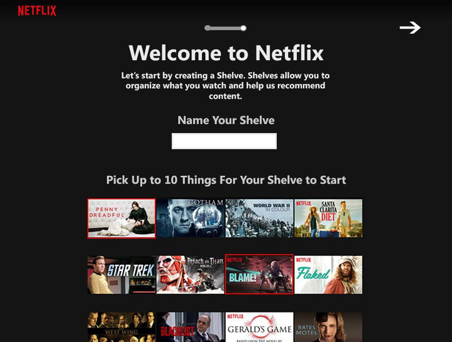 Netflix onboarding screen asking users to select movies and TV shows they are interested in, using explicit preference choices to personalize content recommendations before sufficient viewing history is available.
