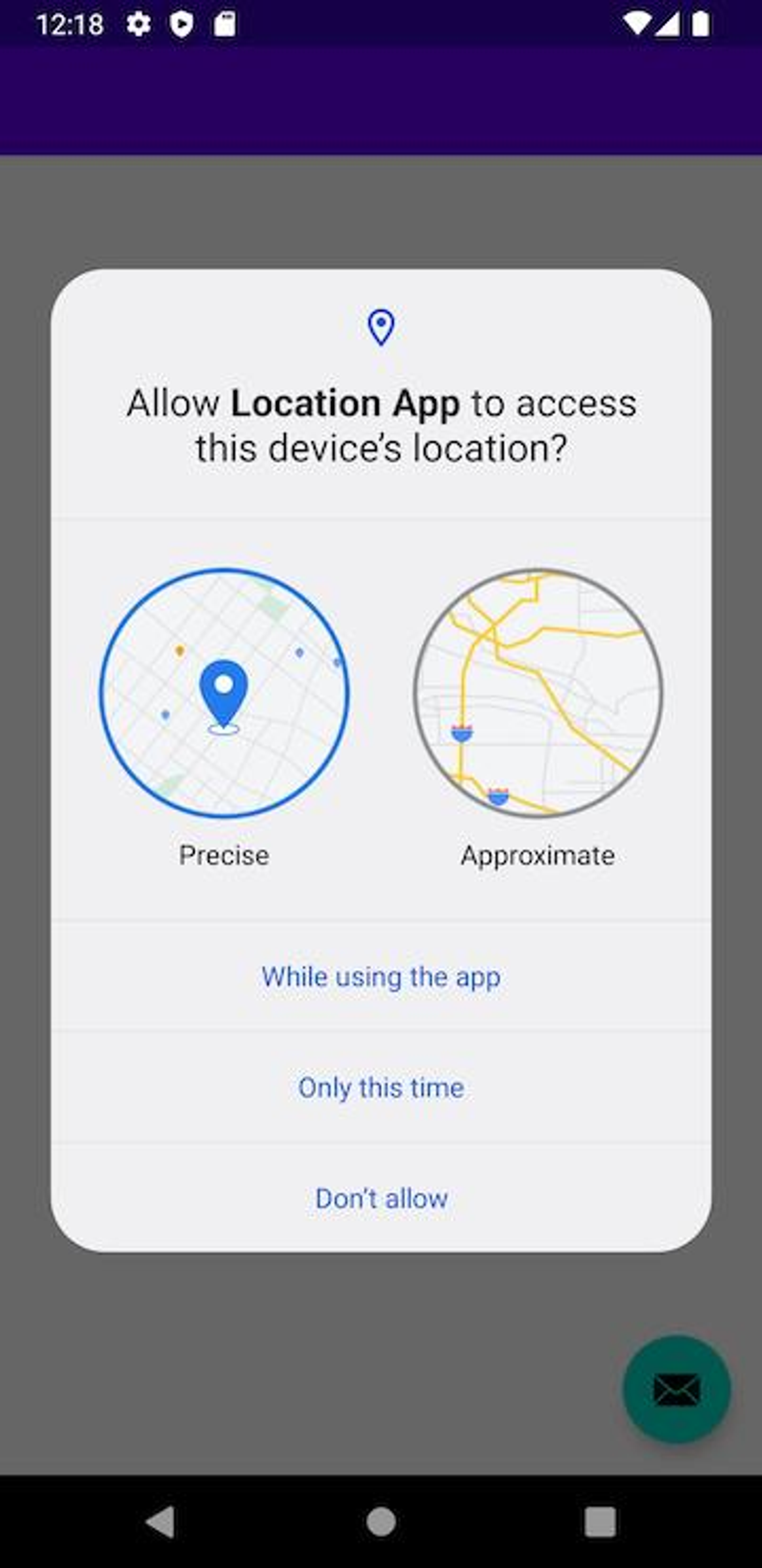 Android location permission prompt shown during first-time mobile app onboarding.