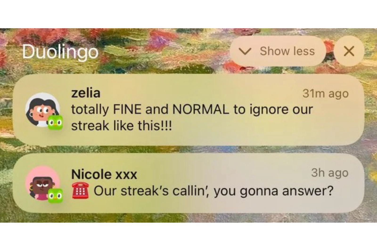 Duolingo notification examples using different character personalities such as Lily, Oscar, and Duo.