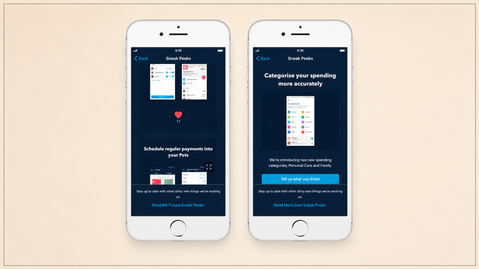 A side-by-side screenshot of a mobile banking app's "Sneak Peeks" feature displayed on two smartphones. The left screen previews upcoming features such as requesting money, tracking shared expenses, and scheduling recurring payments into savings pots. The right screen highlights a new spending categorization feature with additional expense categories and a call-to-action button inviting users to share feedback. Both screens use a dark-themed interface with blue accents to showcase upcoming product updates.