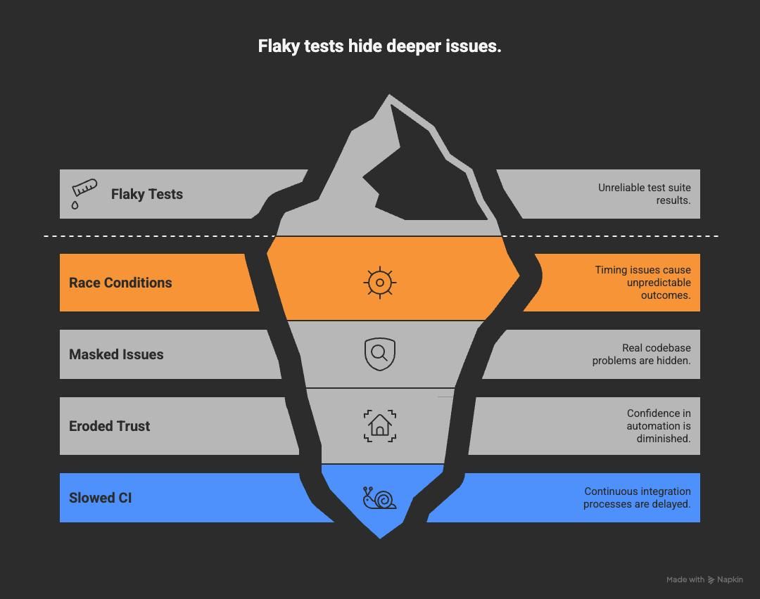 Flaky tests hiding deeper issues like race conditions, masked bugs, and unreliable test results