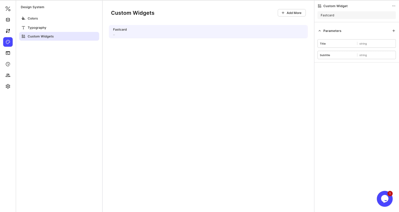 Custom widgets dashboard showing a list with a single item labeled “Fastcard,” and a sidebar navigation on the left.