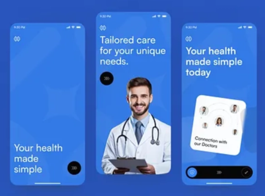 Three blue app screens display health messages. A smiling doctor holds a clipboard. Text: "Your health made simple," "Tailored care."