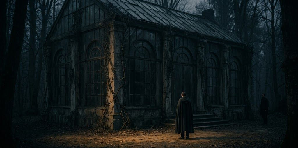A dark, minimalist scene showing a glowing, arched doorway with a shadowy figure standing inside, partially reflected on a glossy floor, creating a mysterious and atmospheric mood.