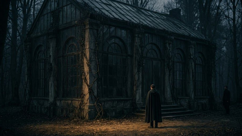 A dark, minimalist scene showing a glowing, arched doorway with a shadowy figure standing inside, partially reflected on a glossy floor, creating a mysterious and atmospheric mood.