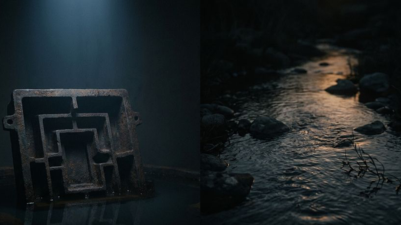 A dark, minimalist scene showing a glowing, arched doorway with a shadowy figure standing inside, partially reflected on a glossy floor, creating a mysterious and atmospheric mood.