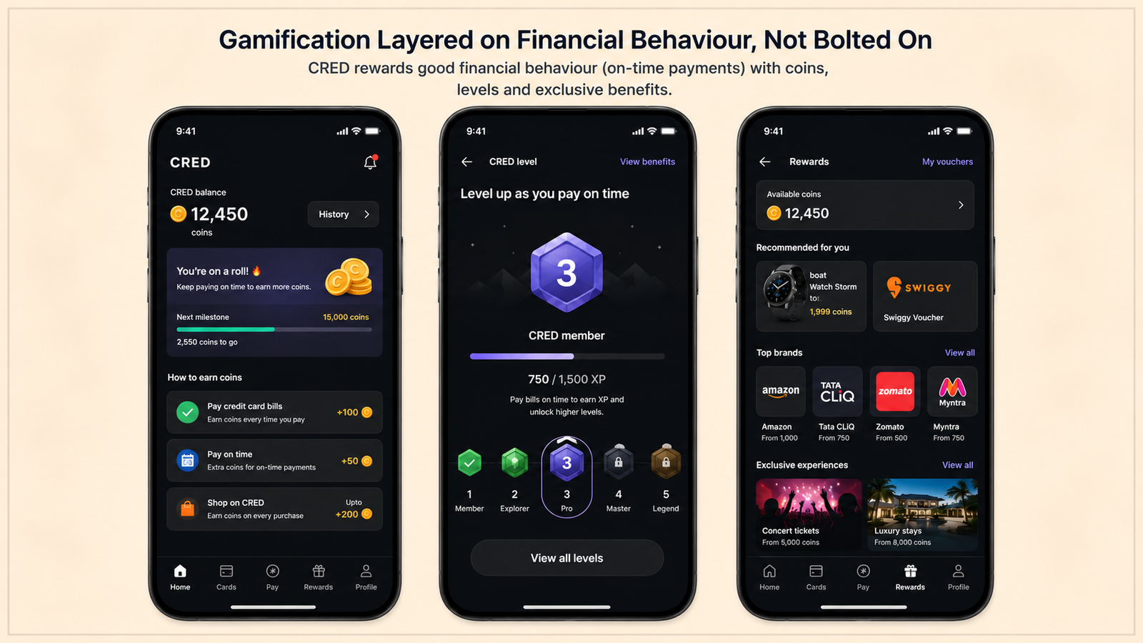 Three mobile app screens demonstrating a gamified financial rewards experience in the CRED app. The first screen displays the user's coin balance, milestone progress, and multiple ways to earn additional rewards through timely bill payments and spending. The second screen highlights a level-based progression system with experience points (XP), achievement tiers, and membership status. The third screen showcases the rewards marketplace, where accumulated coins can be redeemed for brand vouchers, shopping offers, and exclusive experiences. Together, the screens illustrate how gamification is seamlessly integrated into everyday financial behaviour to encourage engagement and reward responsible actions.