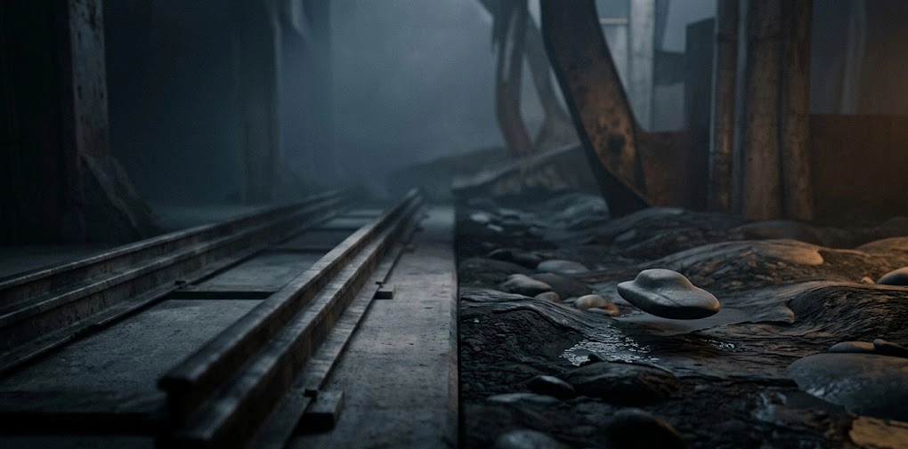 Dark industrial tunnel with railway tracks and rocky ground symbolizing infrastructure, system architecture, and product journey complexity