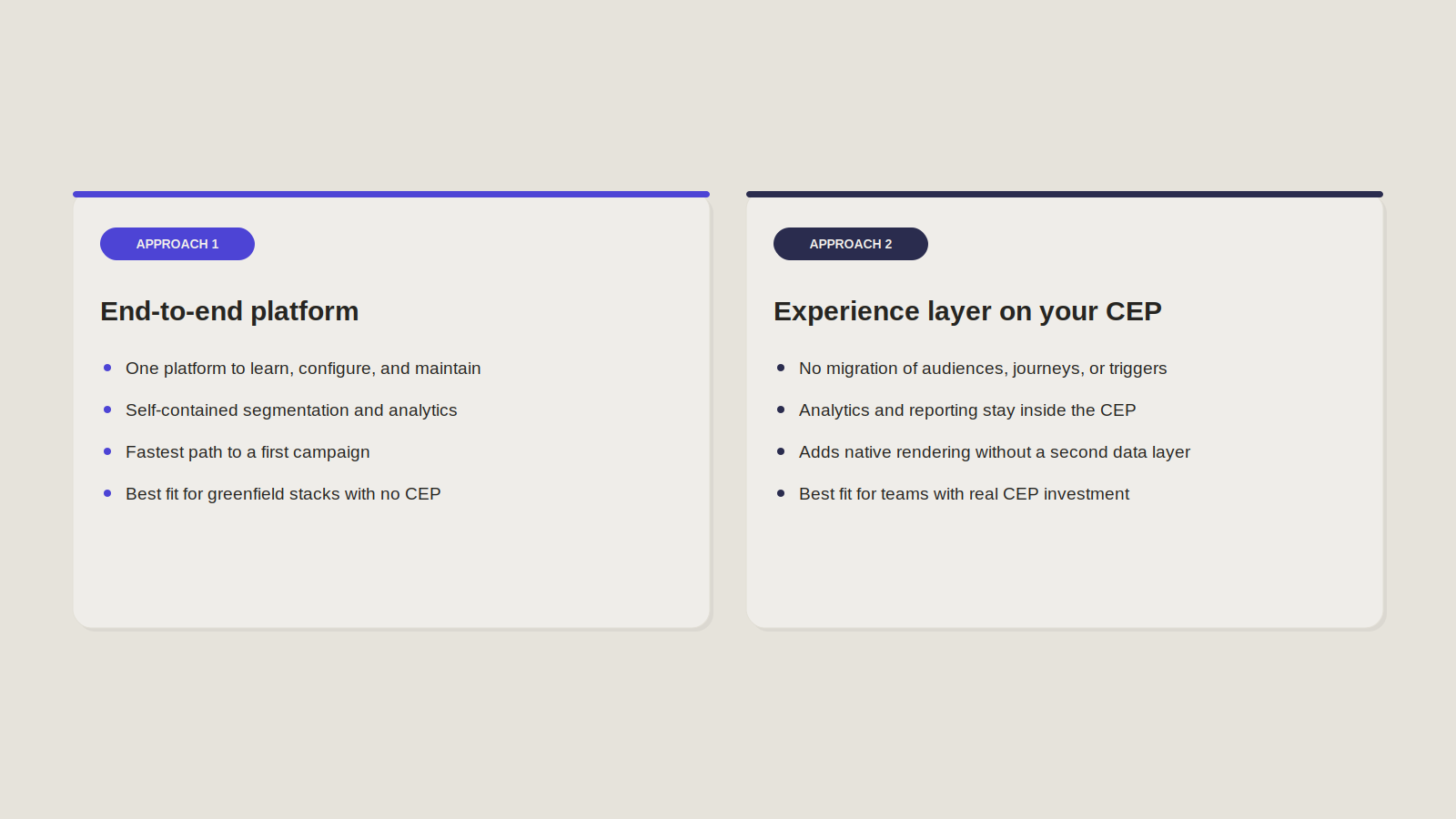 Comparison diagram showing two architectural approaches to in-app experience platforms: an end-to-end platform with built-in segmentation and analytics, and an experience layer that integrates with an existing Customer Engagement Platform (CEP) while preserving audiences, journeys, and reporting.