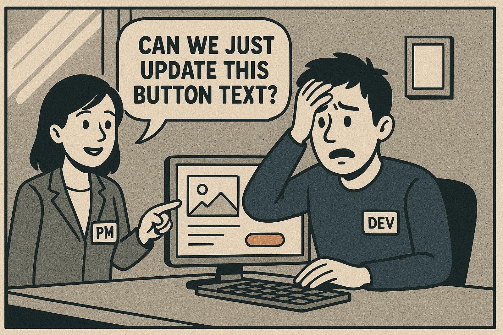 PM points at a screen, asking to update button text. DEV looks stressed. Office setting, dialogue bubble reads: "CAN WE JUST UPDATE THIS BUTTON TEXT?"