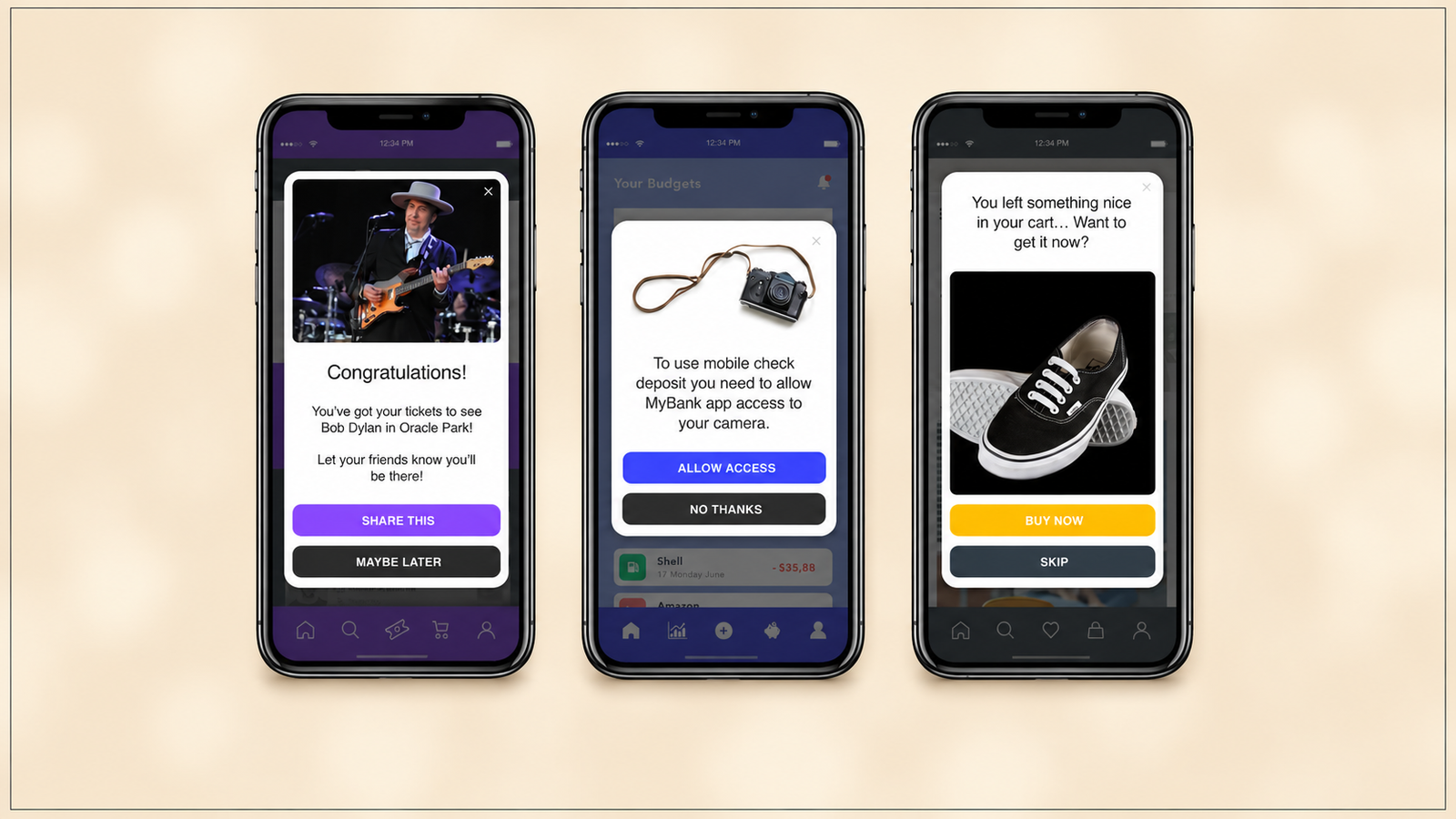 Three mobile app screens displaying full-screen in-app pop-up dialogs are centered on a 16:9 canvas with a soft creamish blurred background and a thin 0.75 px black border around the outer edge. The screenshots remain completely unchanged. The first pop-up confirms a successful concert ticket purchase and offers options to share the news or dismiss the message. The second requests camera permission for a mobile check deposit, providing "Allow Access" and "No Thanks" buttons. The third reminds the user about an item left in their shopping cart and encourages completing the purchase with "Buy Now" or "Skip." All original UI elements, images, colors, typography, icons, buttons, spacing, and layouts are preserved exactly, with only the surrounding canvas expanded into a clean, minimal widescreen presentation.