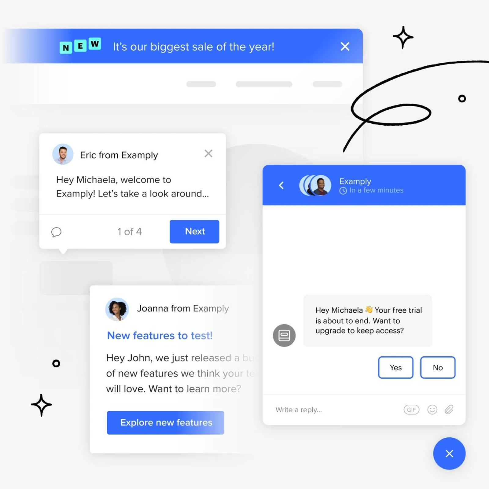 In-app onboarding modals, feature announcements, and user engagement popups displayed within a product interface
