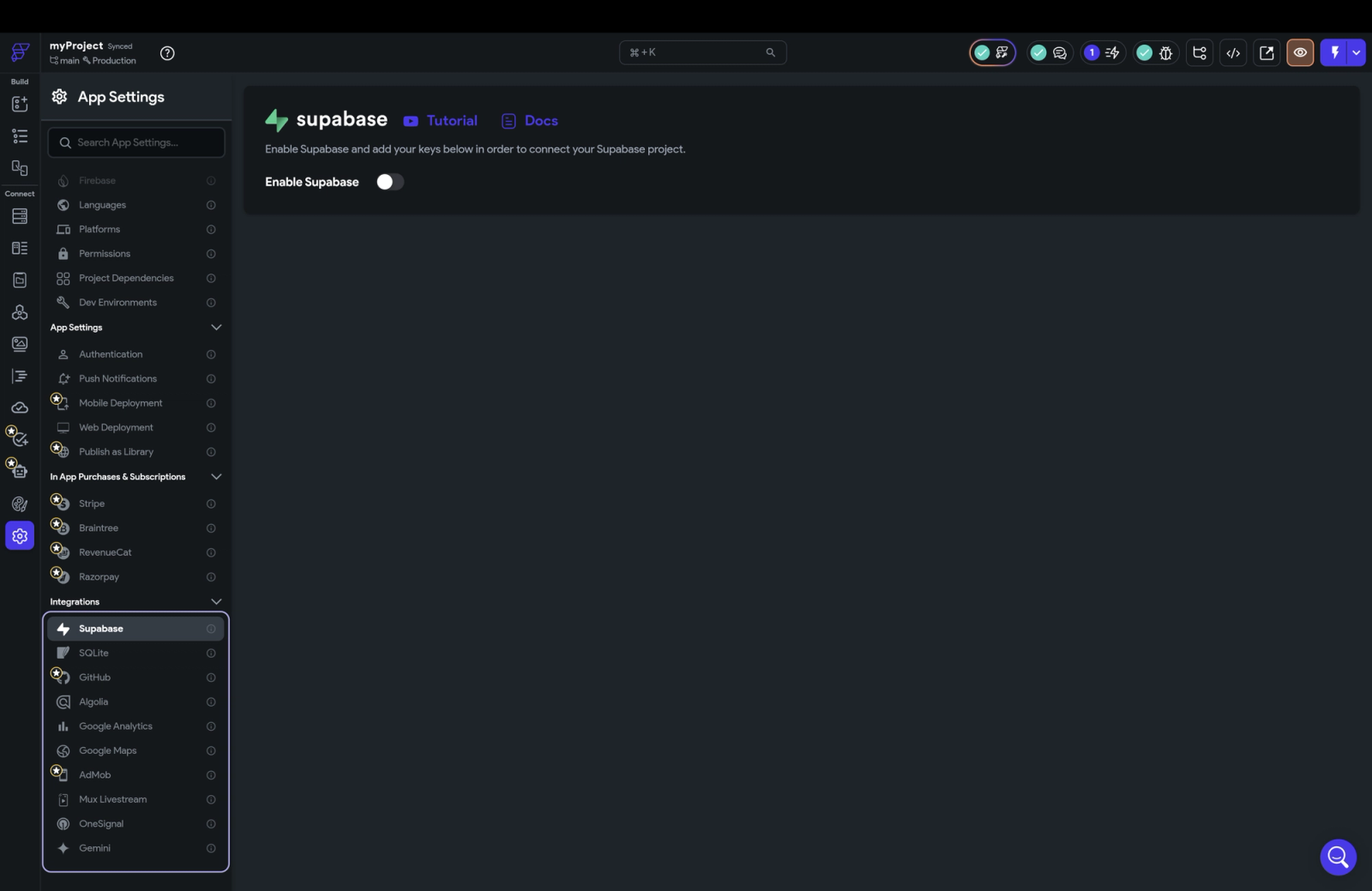 App settings interface showing a Supabase integration panel with an option to enable Supabase, along with a left sidebar of configuration sections like Firebase, authentication, and deployment.