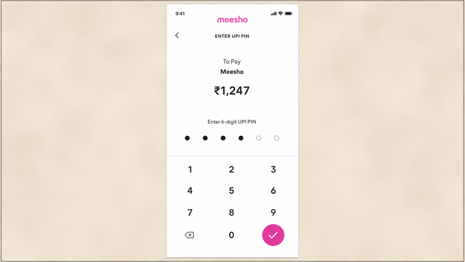 Original mobile app UPI PIN entry screenshot displayed exactly as captured, centered on a soft cream-colored blurred background within a 16:9 canvas. A thin 0.75px black border outlines the outer edge of the final image only. The screenshot itself remains completely unchanged, preserving all original UI elements, text, colors, spacing, and proportions. The screen shows the Meesho UPI PIN entry interface with the "ENTER UPI PIN" heading, payment amount of ₹1,247, four of six PIN digits entered, a numeric keypad, and a prominent pink confirmation button at the bottom right.