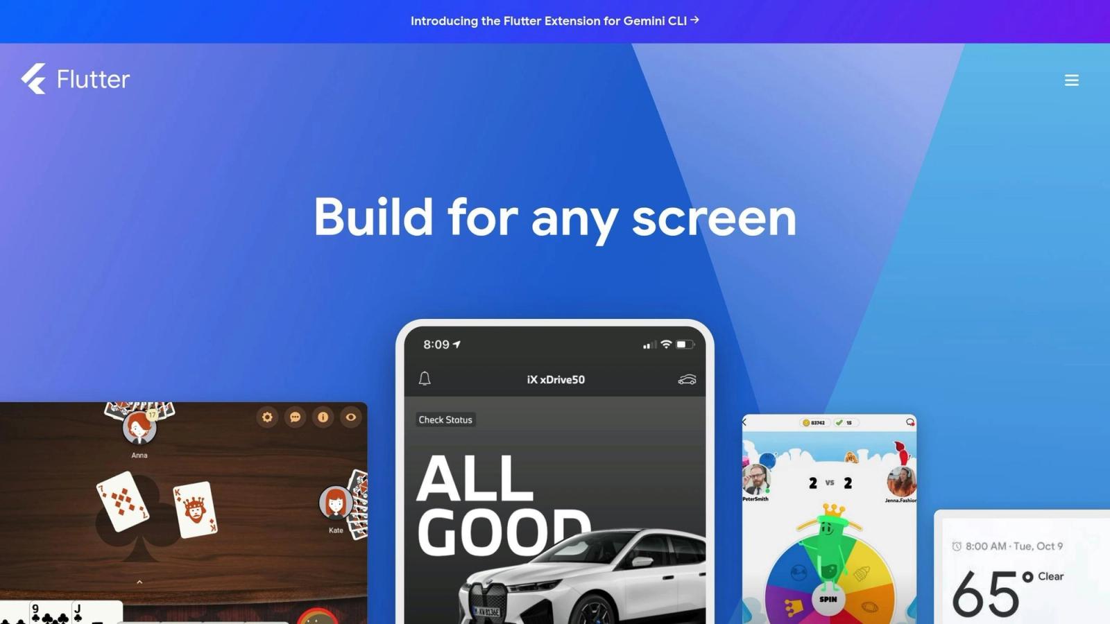 Flutter promo with text "Build for any screen" on blue background. Displays mobile screens: card game, car check status, number spin, weather.