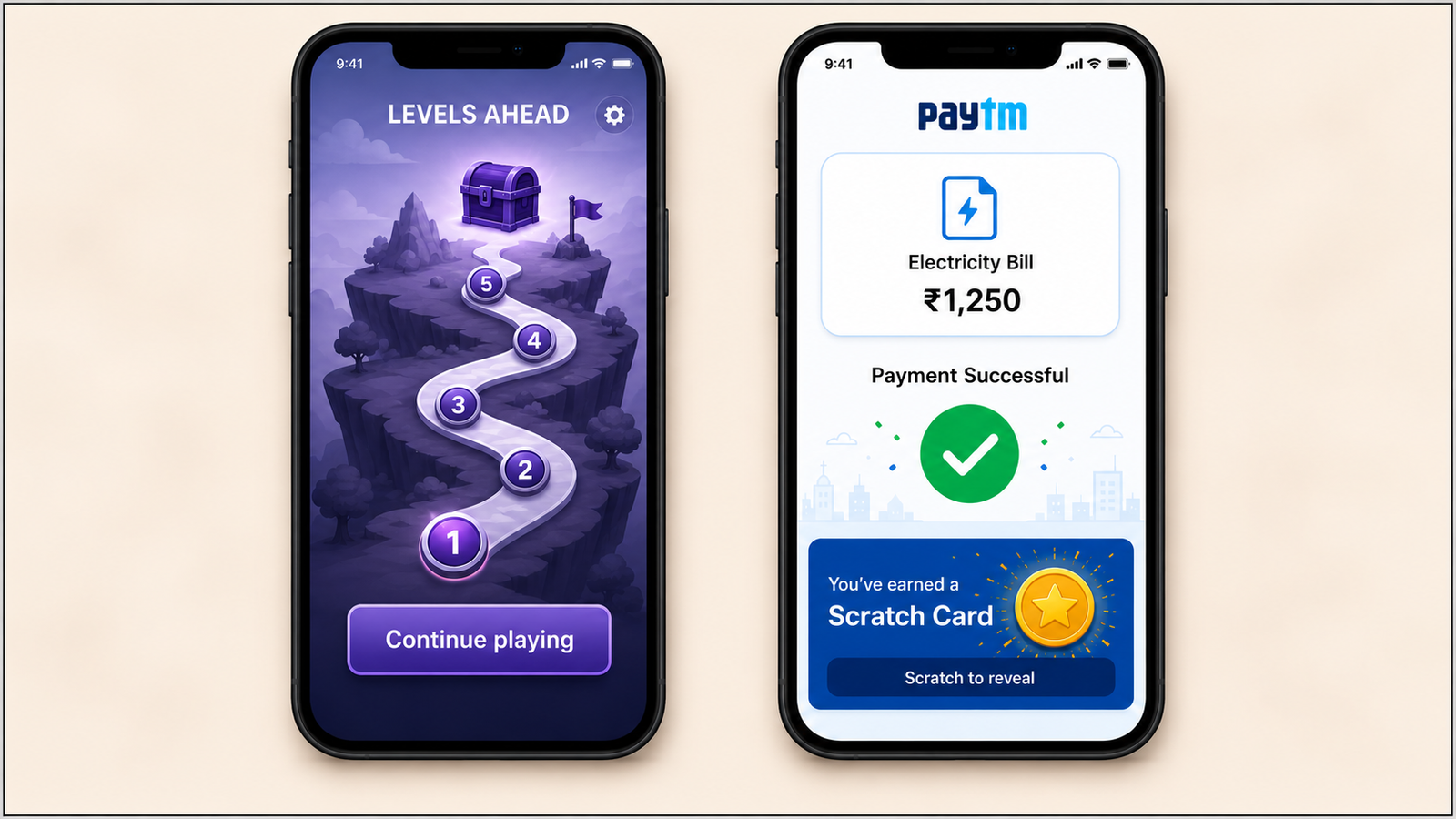 Mobile app gamification and rewards screens showing a level-based progression path alongside a Paytm electricity bill payment confirmation with a scratch card reward.
