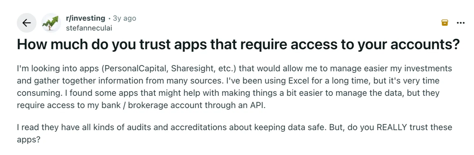 Reddit post in r/investing by a user questioning trust in apps that access financial accounts. Mentions Excel, PersonalCapital, Sharesight.