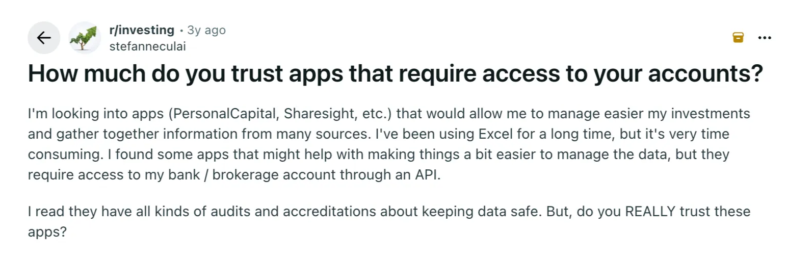 Reddit post in r/investing by a user questioning trust in apps that access financial accounts. Mentions Excel, PersonalCapital, Sharesight.