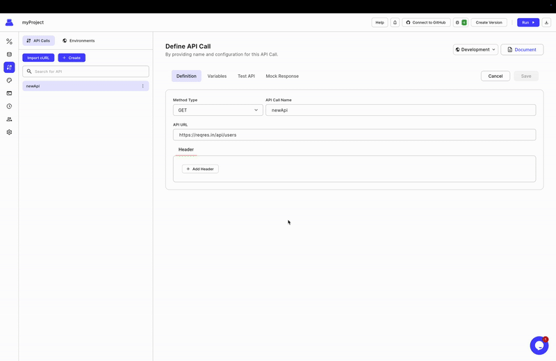 API configuration screen showing a “Define API Call” interface with tabs for definition, variables, testing, and mock response, along with sections for response headers, body, and status code.