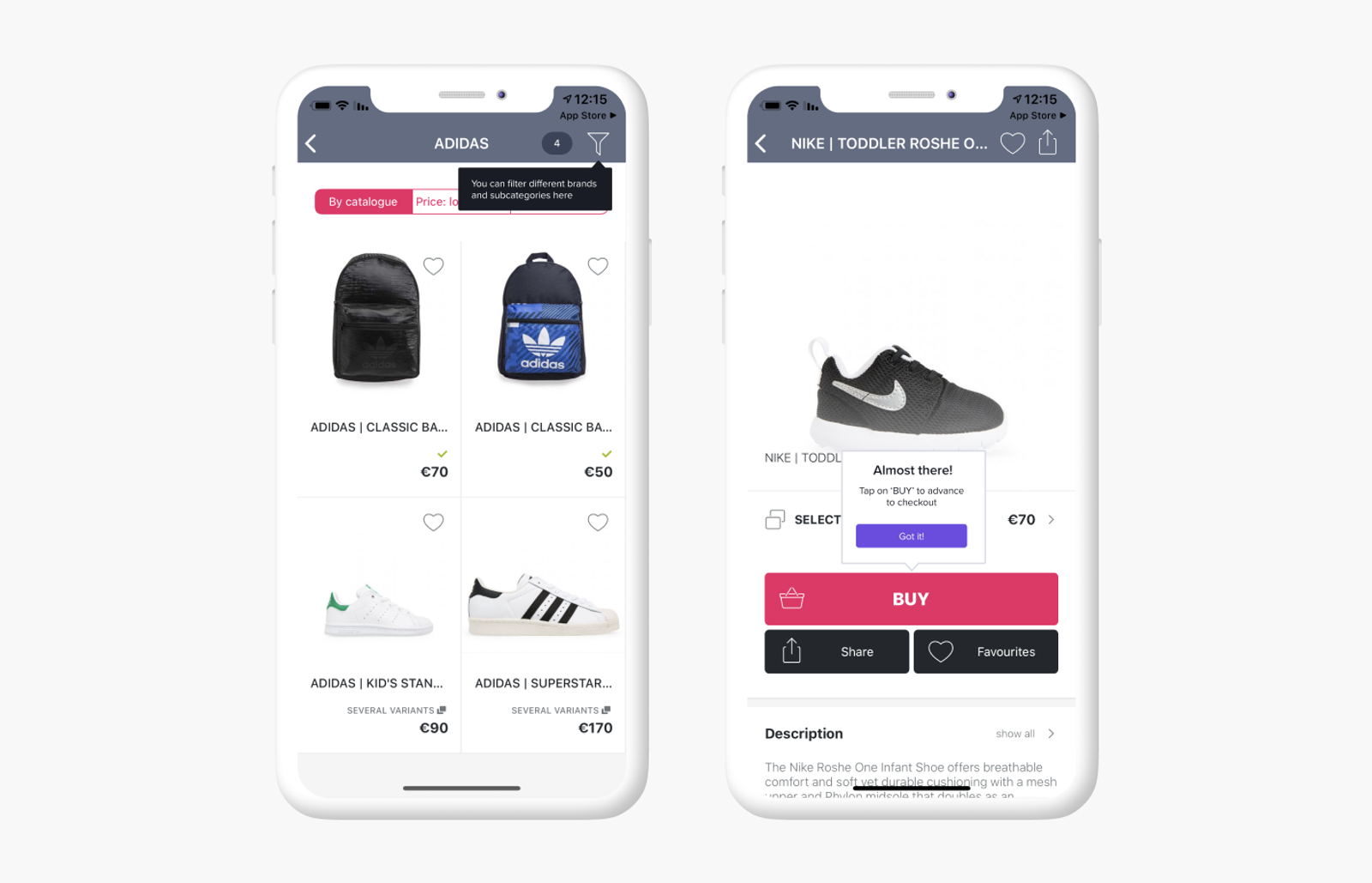 Mobile app spotlight tooltips guiding users through product filtering and checkout actions.