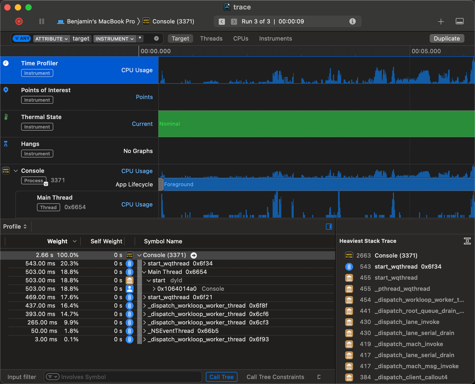 Debugging interface on a MacBook shows CPU usage graphs, stack traces, and process details with blue and green color highlights.