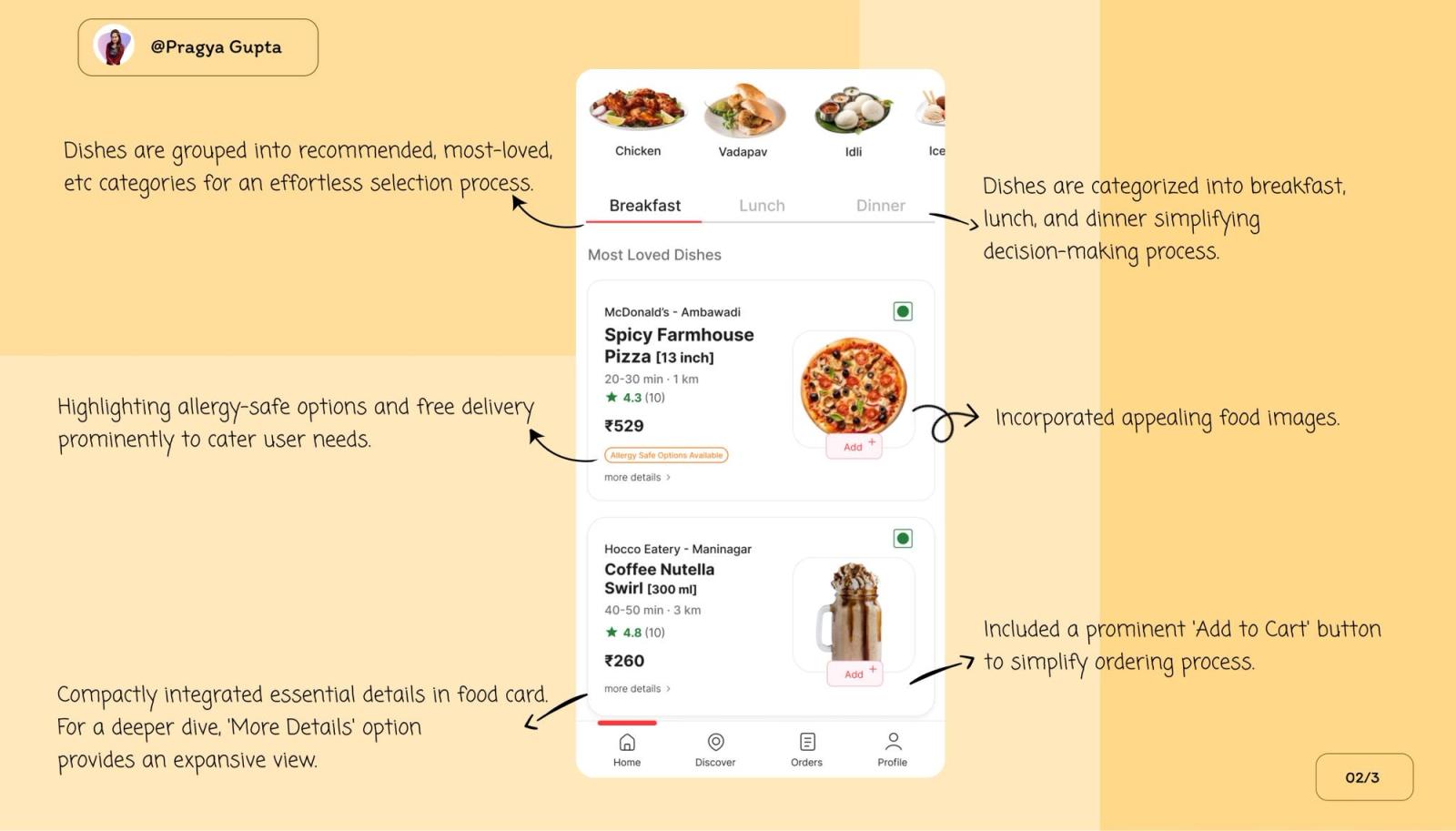 Food delivery app interface highlighting categorized meal options, featured dishes, product visuals, allergy-safe labels, and a prominent add-to-cart button to streamline ordering.
