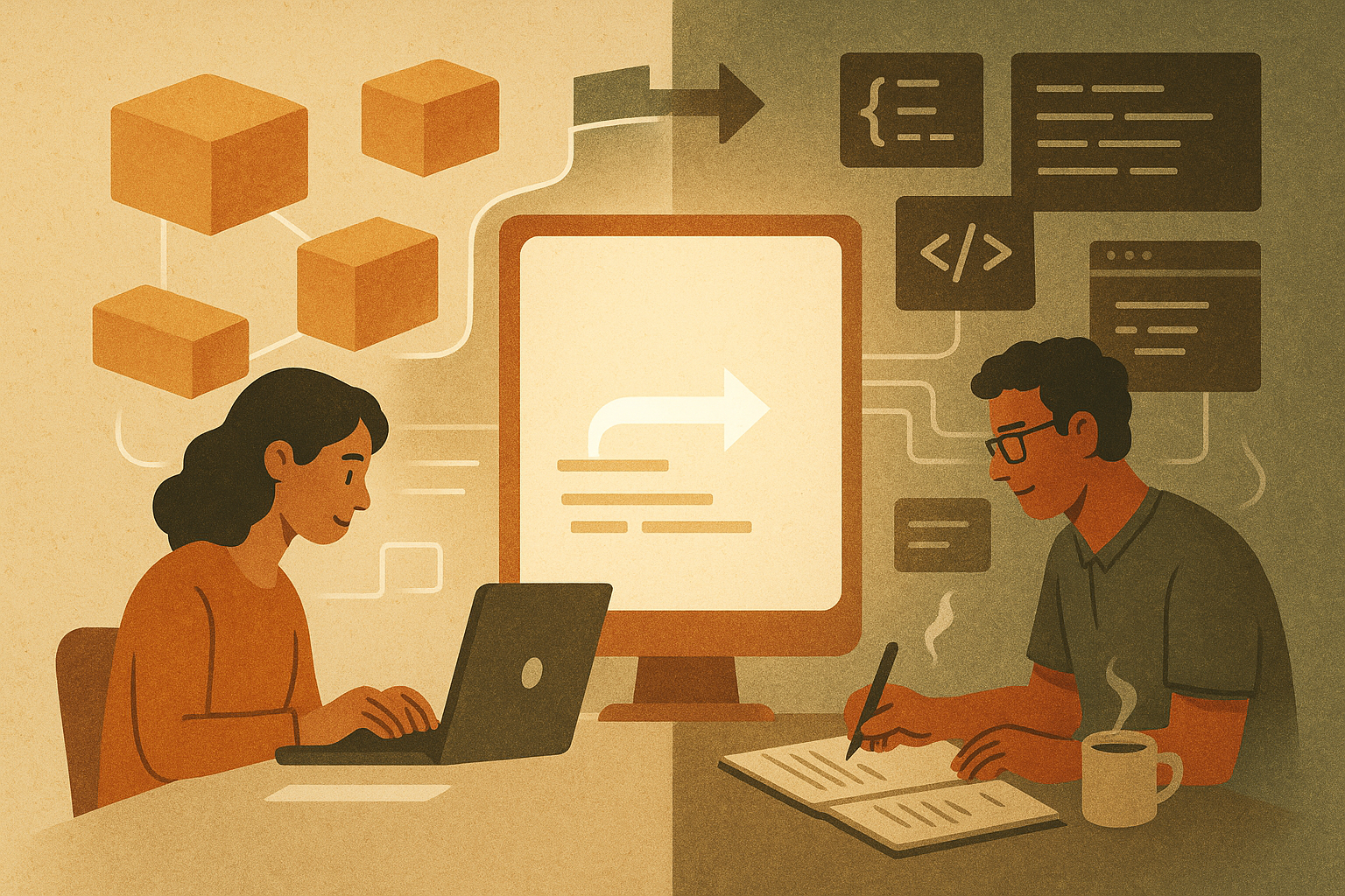 Developer at a desk with code on screen representing the choice between traditional app development and low-code platforms