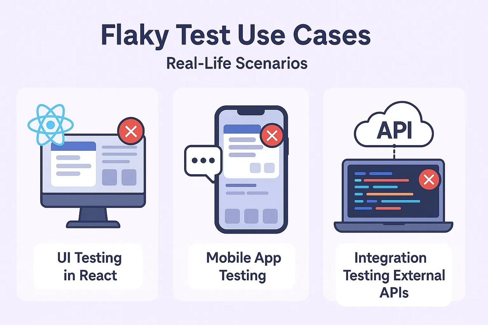 Examples of flaky tests in UI, mobile app, and API integration testing causing inconsistent failures