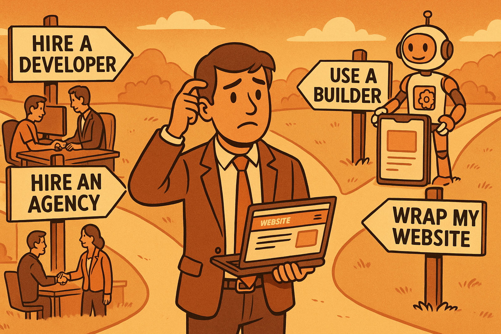 Developer at a crossroads choosing between hiring a developer, using a builder, hiring an agency, or wrapping their website into a mobile app
