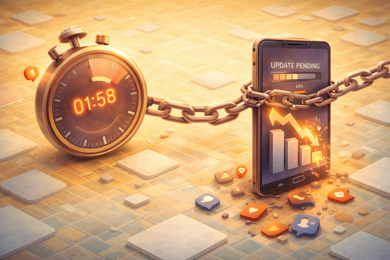 “Conceptual illustration of delayed app updates, showing a stopwatch chained to a smartphone with a pending update bar and falling engagement icons, symbolizing latency and stalled progress.”