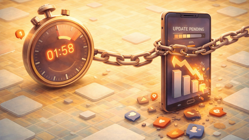 “Conceptual illustration of delayed app updates, showing a stopwatch chained to a smartphone with a pending update bar and falling engagement icons, symbolizing latency and stalled progress.”