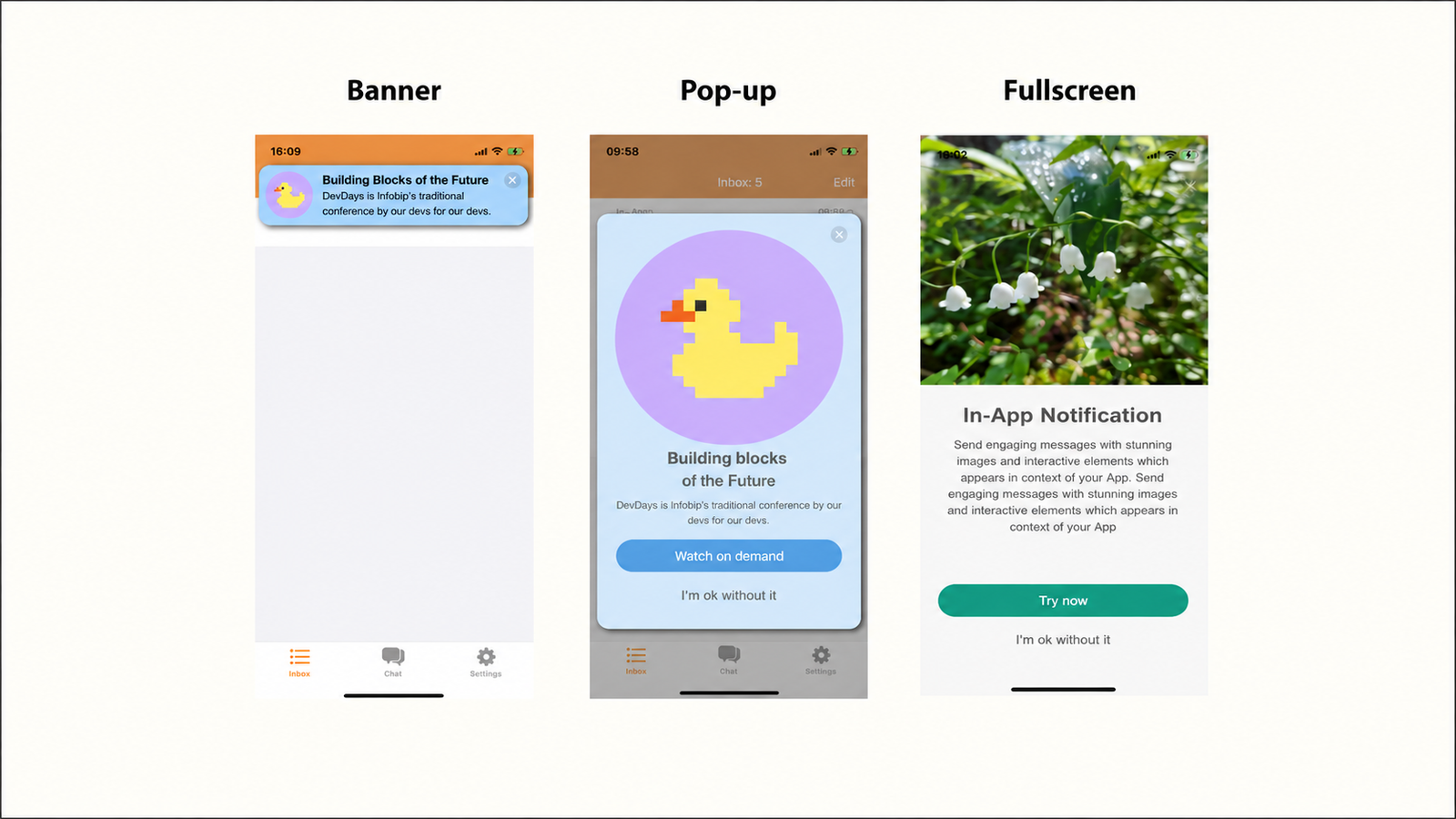 Three mobile UI examples labeled Banner, Pop-up, and Fullscreen, demonstrating different in-app notification formats. The banner shows a “Building Blocks of the Future” notification with a duck icon; the pop-up promotes the same content with a “Watch on demand” button; and the fullscreen notification features a floral image, descriptive text, and a “Try now” button.