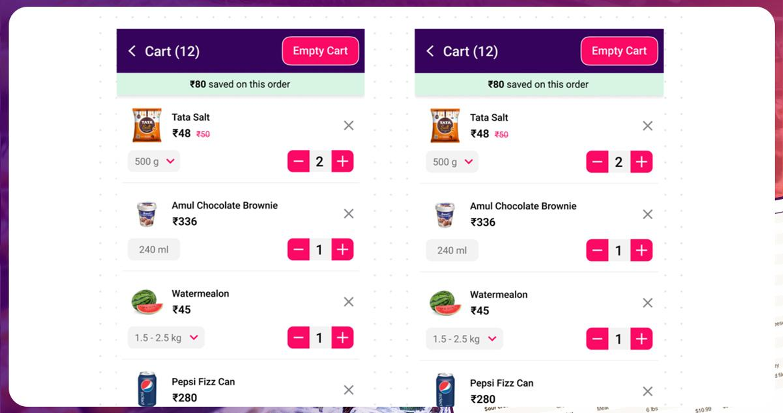 Zepto shopping experience using contextual offers and cart recovery prompts.