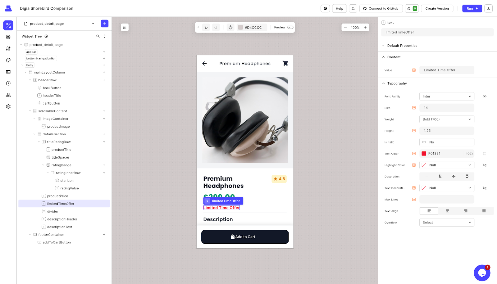 Digia Studio server-driven UI builder showing a selected component on a mobile product page with the properties panel open for editing