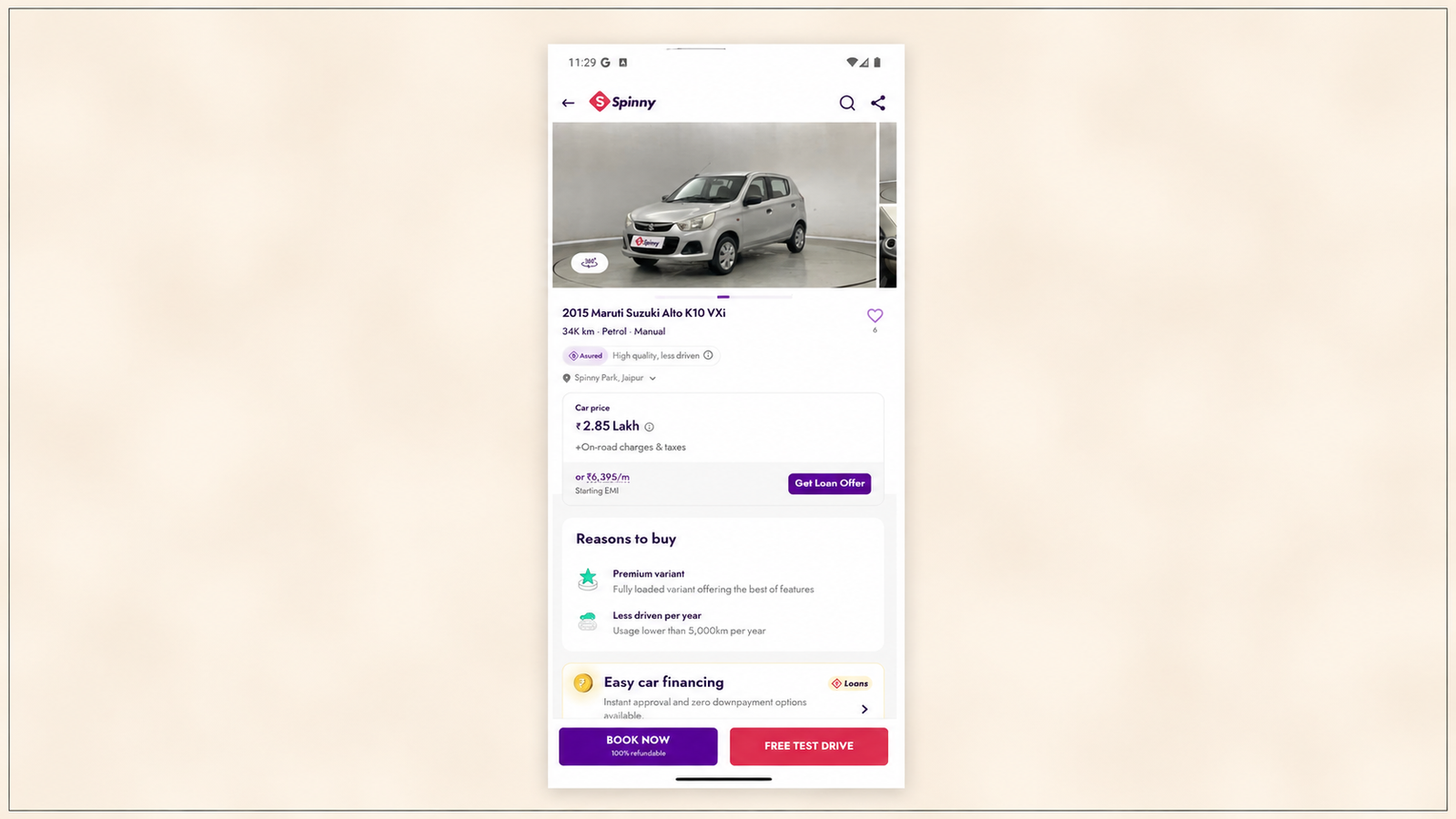 Spinny used car listing screen showing a 2015 Maruti Suzuki Alto K10 VXi with 360° car view, vehicle specifications, price, EMI calculator, financing options, reasons to buy, and Book Now and Free Test Drive CTAs within the Spinny app.