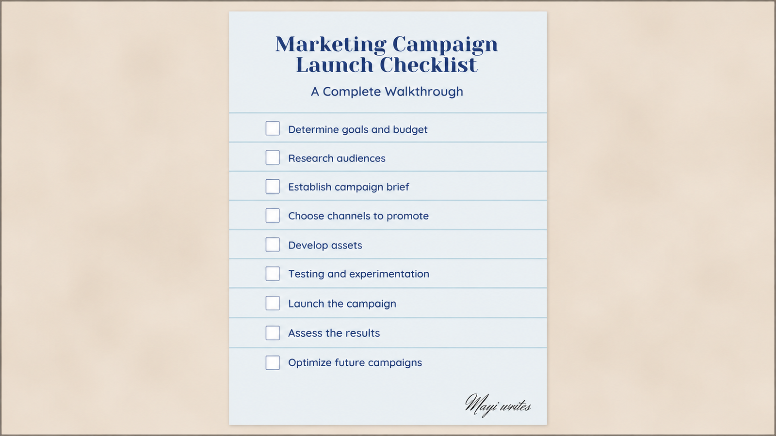 Campaign launch checklist outlining audience selection, creative, QA, approvals, and deployment.