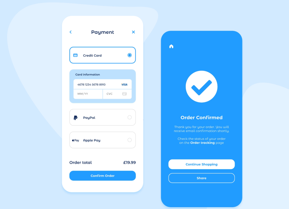 Payment screen showing credit card entry and options like PayPal, Apple Pay. Order confirmed with a blue checkmark and total of £19.99.