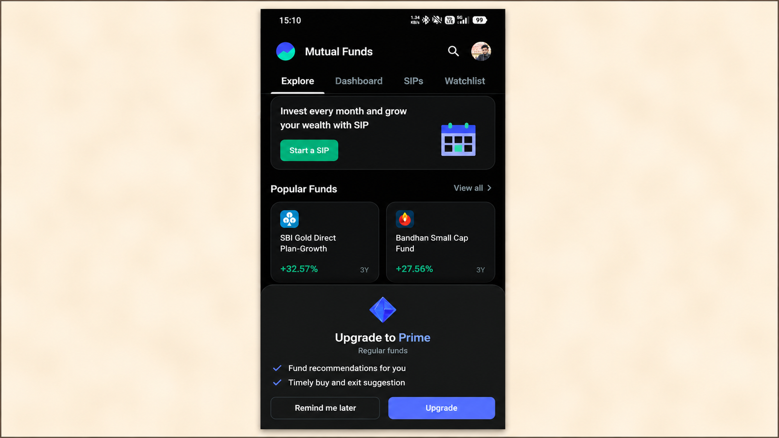 Original mutual funds mobile app screenshot displayed exactly as captured, centered on a soft cream-colored blurred background within a 16:9 canvas. A thin 0.75px black border outlines the outer edge of the final image only. The screenshot itself remains completely unchanged, preserving all original interface elements, text, icons, colors, layout, and proportions. The dark-themed Mutual Funds screen shows the Explore tab with a SIP promotion banner, a list of popular mutual funds and their three-year returns, and a prominent Upgrade to Prime bottom sheet highlighting premium benefits such as personalized fund recommendations and timely buy and exit suggestions, along with Remind me later and Upgrade action buttons.
