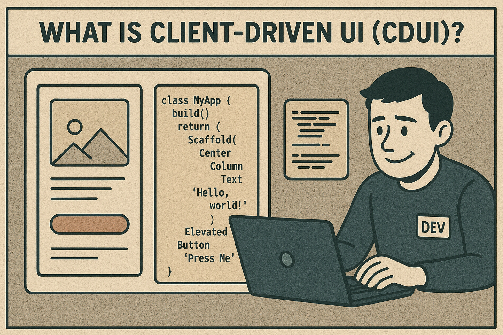 Cartoon developer at a laptop smiles. Text reads "What Is Client-Driven UI (CDUI)?" Code snippet and app design on screen. Retro style.