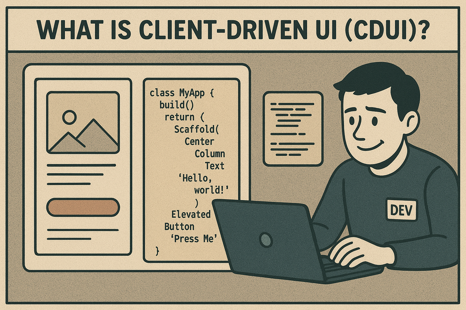 Cartoon developer at a laptop smiles. Text reads "What Is Client-Driven UI (CDUI)?" Code snippet and app design on screen. Retro style.