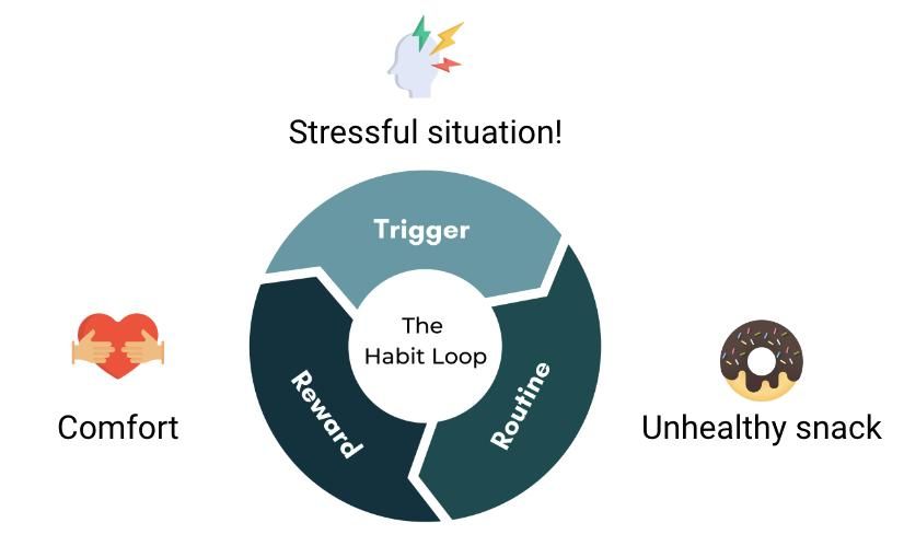 Circular habit loop diagram with "Trigger," "Routine," "Reward" sections. Icons depict stress, comfort, and a donut, illustrating habit formation.